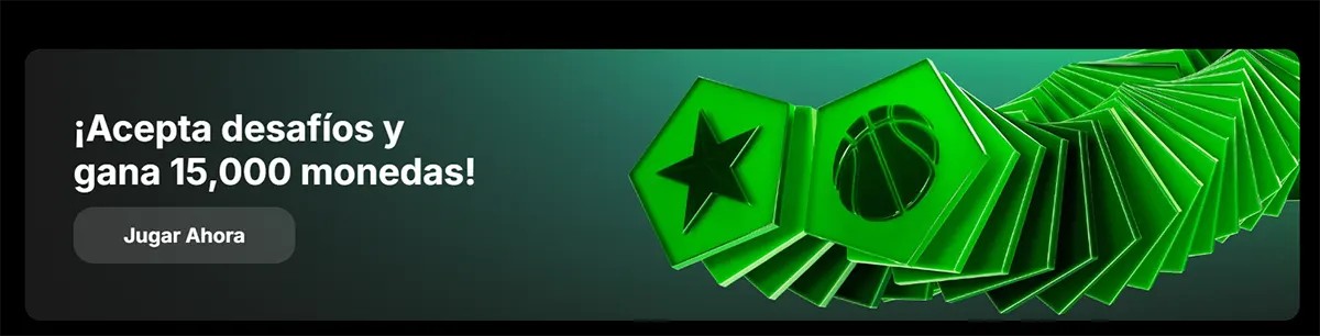 Spanish casino promo banner inviting players to accept challenges and win 15,000 coins, featuring a “Jugar Ahora” button and glowing green token icons on a dark background.