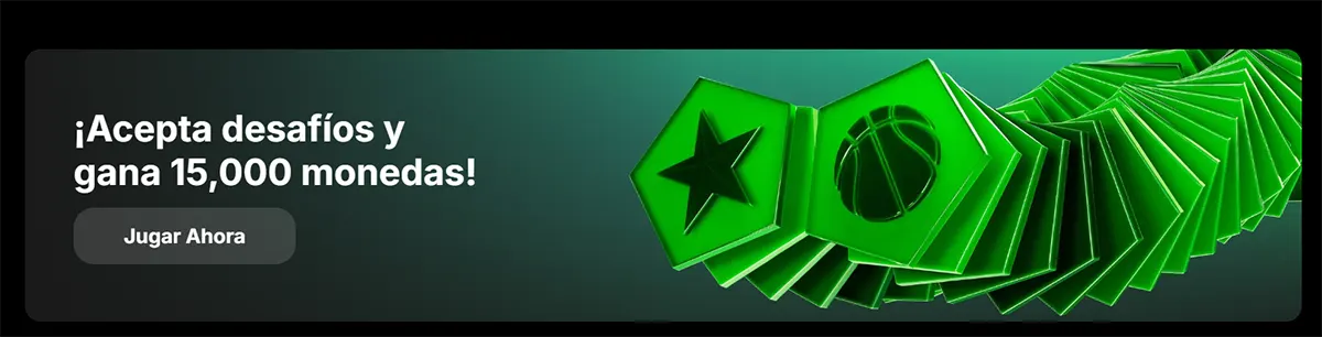 Spanish casino promo banner inviting players to accept challenges and win 15,000 coins, featuring a “Jugar Ahora” button and glowing green token icons on a dark background.