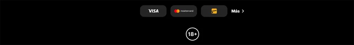 Footer section with Visa, Mastercard, and Jeton payment icons, a “Más” link, and an 18+ age restriction badge on a dark background.