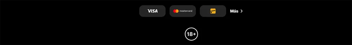 Footer section with Visa, Mastercard, and Jeton payment icons, a “Más” link, and an 18+ age restriction badge on a dark background.