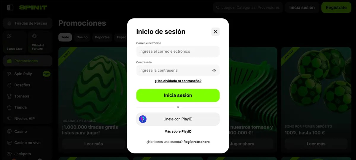 Spanish casino login popup with email and password fields, a bright green “Inicia sesión” button, password recovery link, and a PlayID sign-in option over a darkened promotions page.