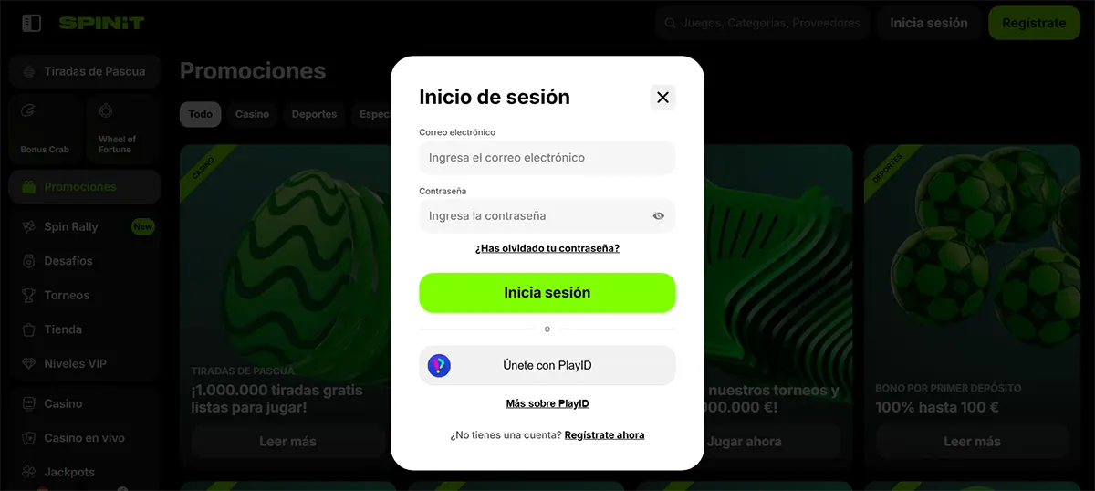 Spanish casino login popup with email and password fields, a bright green “Inicia sesión” button, password recovery link, and a PlayID sign-in option over a darkened promotions page.